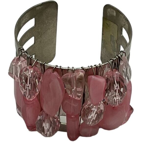 Vintage Silver Cuff Bracelet With Pink Gemstone Beads & Wire Detailing - Picture 1 of 6